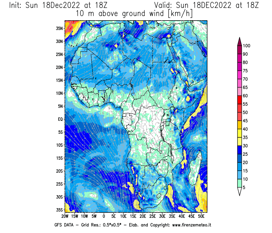 Mappa di analisi GFS - Velocità del vento a 10 metri dal suolo [km/h] in Africa
							del 18/12/2022 18 <!--googleoff: index-->UTC<!--googleon: index-->