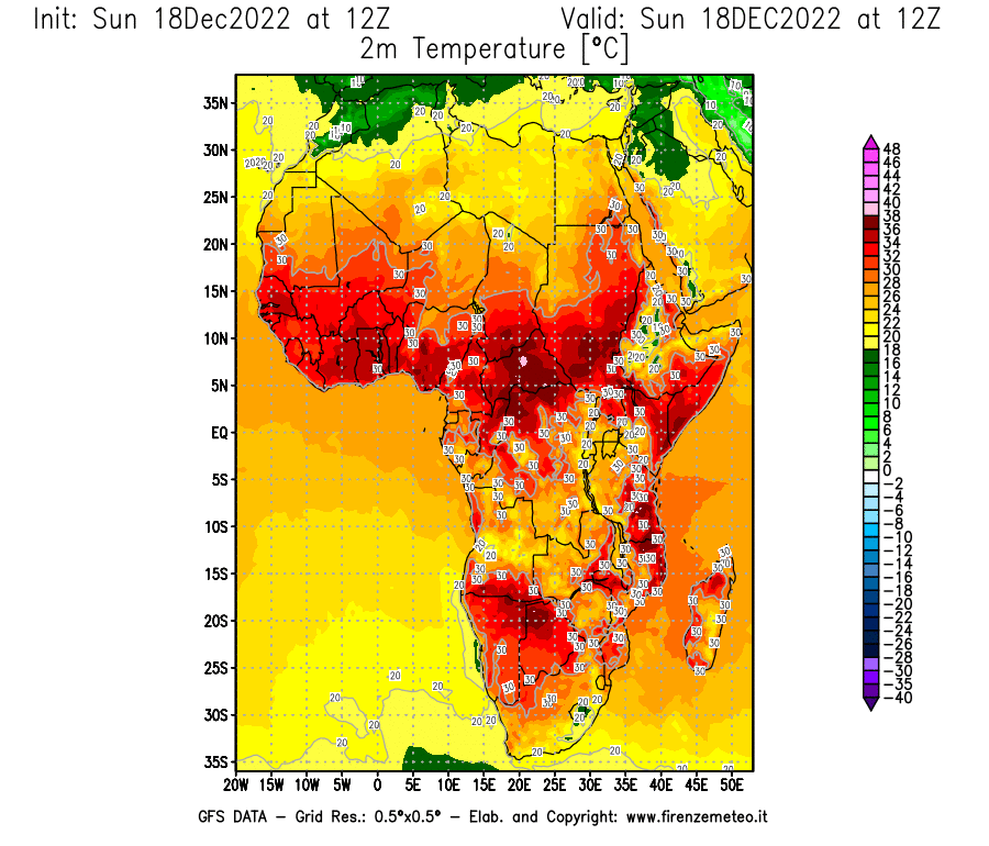 Mappa di analisi GFS - Temperatura a 2 metri dal suolo [°C] in Africa
							del 18/12/2022 12 <!--googleoff: index-->UTC<!--googleon: index-->