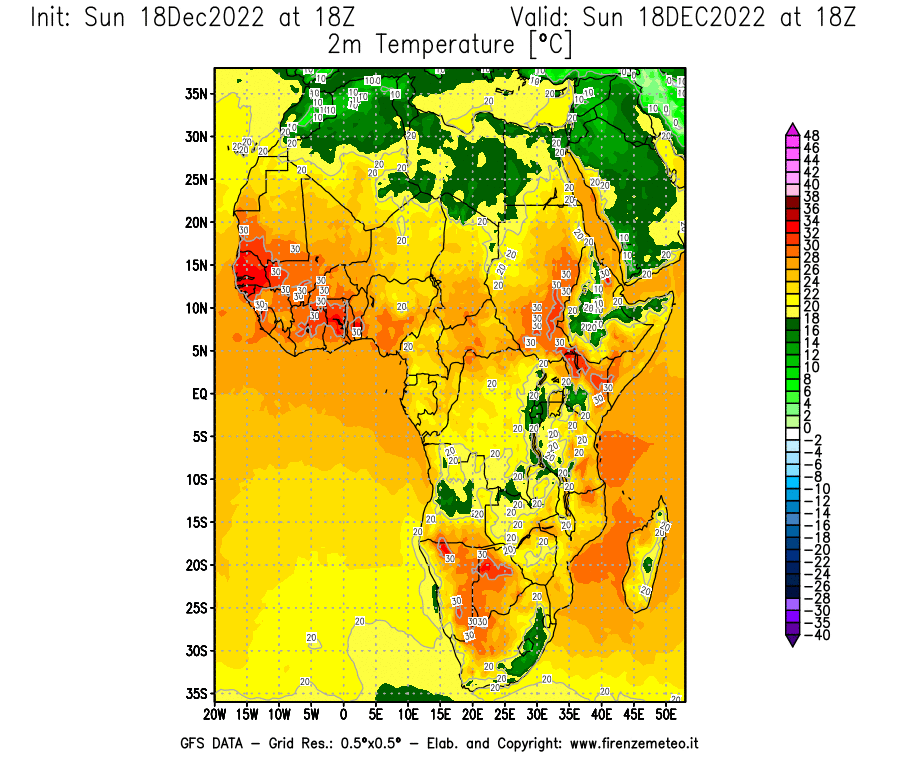 Mappa di analisi GFS - Temperatura a 2 metri dal suolo [°C] in Africa
							del 18/12/2022 18 <!--googleoff: index-->UTC<!--googleon: index-->