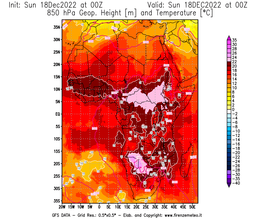 Mappa di analisi GFS - Geopotenziale [m] e Temperatura [°C] a 850 hPa in Africa
							del 18/12/2022 00 <!--googleoff: index-->UTC<!--googleon: index-->