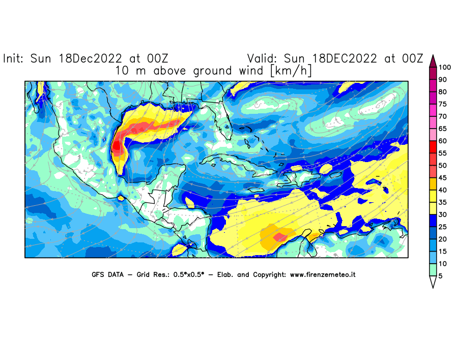 Mappa di analisi GFS - Velocità del vento a 10 metri dal suolo [km/h] in Centro-America
							del 18/12/2022 00 <!--googleoff: index-->UTC<!--googleon: index-->
