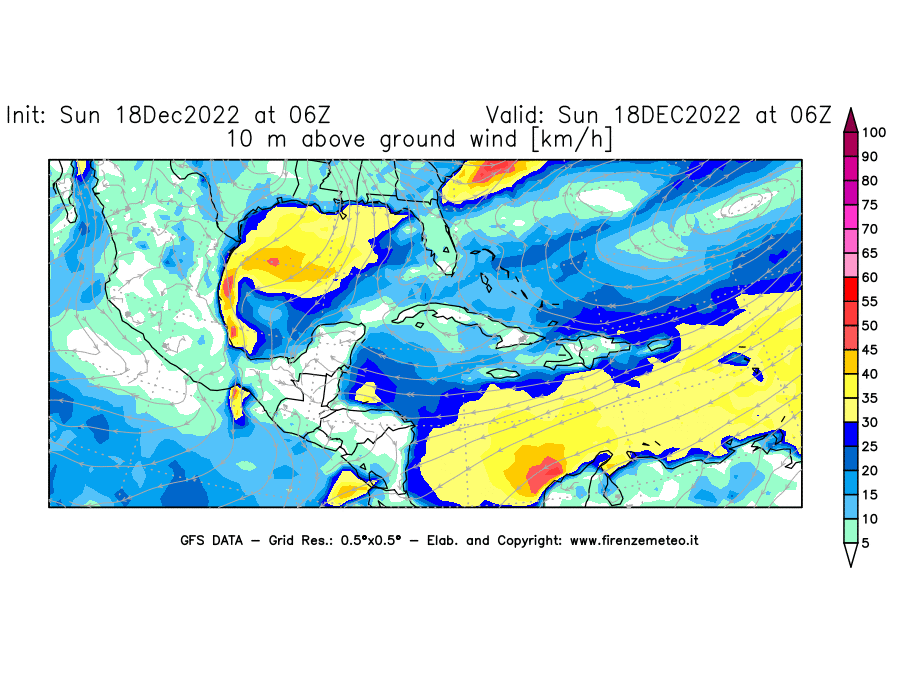 Mappa di analisi GFS - Velocità del vento a 10 metri dal suolo [km/h] in Centro-America
							del 18/12/2022 06 <!--googleoff: index-->UTC<!--googleon: index-->