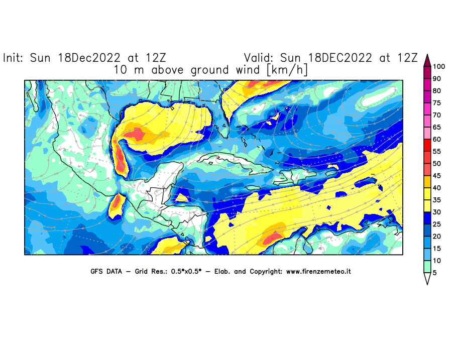 Mappa di analisi GFS - Velocità del vento a 10 metri dal suolo [km/h] in Centro-America
							del 18/12/2022 12 <!--googleoff: index-->UTC<!--googleon: index-->