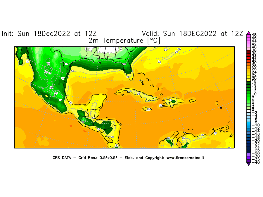 Mappa di analisi GFS - Temperatura a 2 metri dal suolo [°C] in Centro-America
							del 18/12/2022 12 <!--googleoff: index-->UTC<!--googleon: index-->