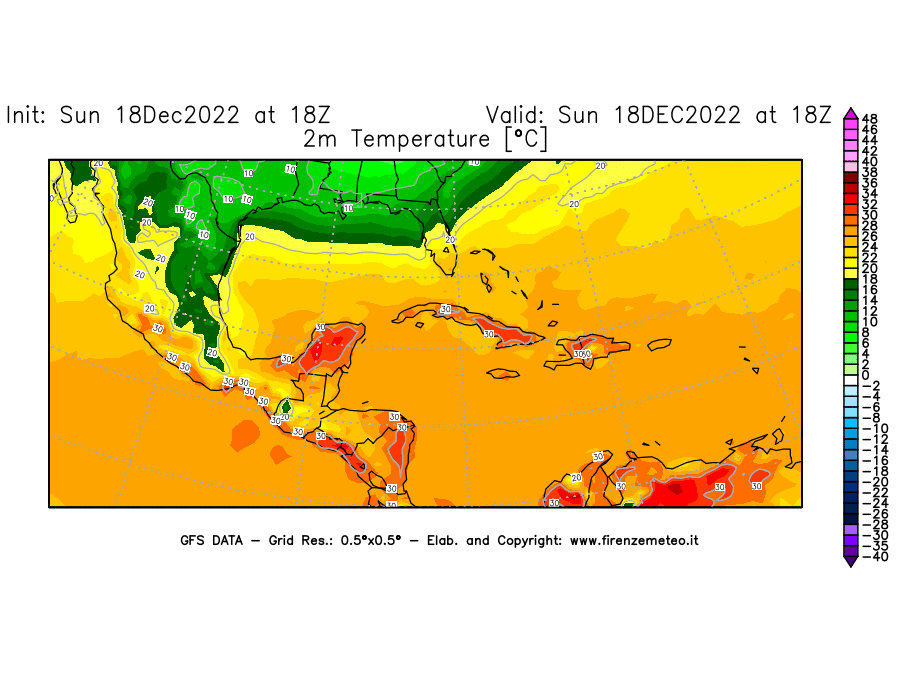 Mappa di analisi GFS - Temperatura a 2 metri dal suolo [°C] in Centro-America
							del 18/12/2022 18 <!--googleoff: index-->UTC<!--googleon: index-->