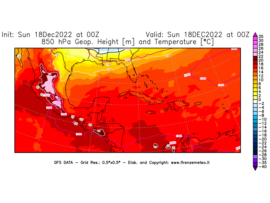 Mappa di analisi GFS - Geopotenziale [m] e Temperatura [°C] a 850 hPa in Centro-America
							del 18/12/2022 00 <!--googleoff: index-->UTC<!--googleon: index-->