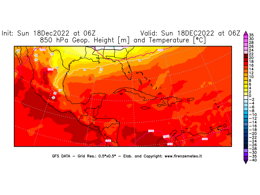 Mappa di analisi GFS - Geopotenziale [m] e Temperatura [°C] a 850 hPa in Centro-America
							del 18/12/2022 06 <!--googleoff: index-->UTC<!--googleon: index-->