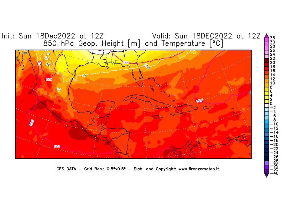 Mappa di analisi GFS - Geopotenziale [m] e Temperatura [°C] a 850 hPa in Centro-America
							del 18/12/2022 12 <!--googleoff: index-->UTC<!--googleon: index-->