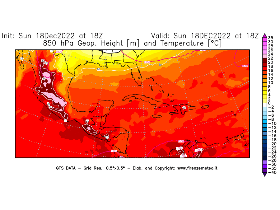 Mappa di analisi GFS - Geopotenziale [m] e Temperatura [°C] a 850 hPa in Centro-America
							del 18/12/2022 18 <!--googleoff: index-->UTC<!--googleon: index-->