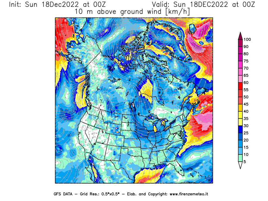 Mappa di analisi GFS - Velocità del vento a 10 metri dal suolo [km/h] in Nord-America
							del 18/12/2022 00 <!--googleoff: index-->UTC<!--googleon: index-->