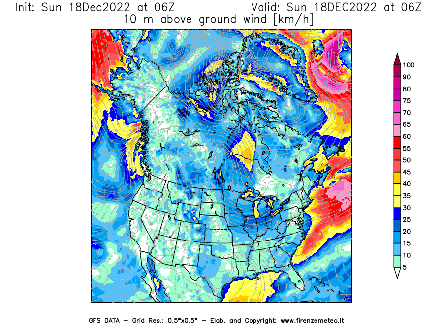 Mappa di analisi GFS - Velocità del vento a 10 metri dal suolo [km/h] in Nord-America
							del 18/12/2022 06 <!--googleoff: index-->UTC<!--googleon: index-->