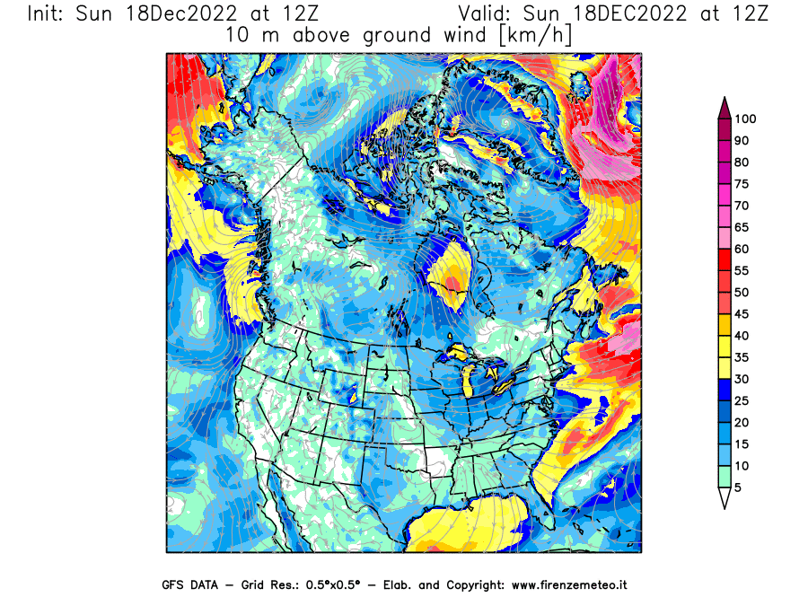 Mappa di analisi GFS - Velocità del vento a 10 metri dal suolo [km/h] in Nord-America
							del 18/12/2022 12 <!--googleoff: index-->UTC<!--googleon: index-->