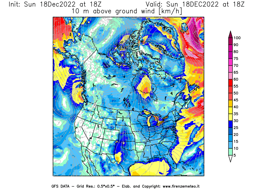 Mappa di analisi GFS - Velocità del vento a 10 metri dal suolo [km/h] in Nord-America
							del 18/12/2022 18 <!--googleoff: index-->UTC<!--googleon: index-->
