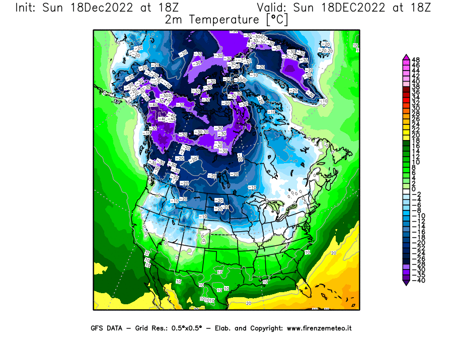 Mappa di analisi GFS - Temperatura a 2 metri dal suolo [°C] in Nord-America
							del 18/12/2022 18 <!--googleoff: index-->UTC<!--googleon: index-->