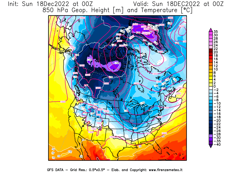 Mappa di analisi GFS - Geopotenziale [m] e Temperatura [°C] a 850 hPa in Nord-America
							del 18/12/2022 00 <!--googleoff: index-->UTC<!--googleon: index-->