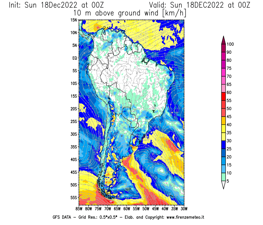 Mappa di analisi GFS - Velocità del vento a 10 metri dal suolo [km/h] in Sud-America
							del 18/12/2022 00 <!--googleoff: index-->UTC<!--googleon: index-->