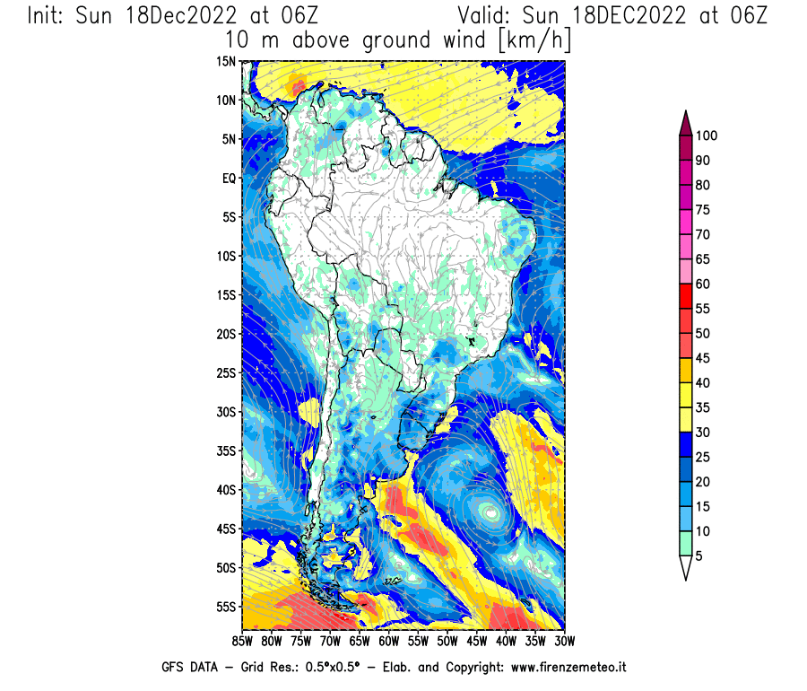 Mappa di analisi GFS - Velocità del vento a 10 metri dal suolo [km/h] in Sud-America
							del 18/12/2022 06 <!--googleoff: index-->UTC<!--googleon: index-->