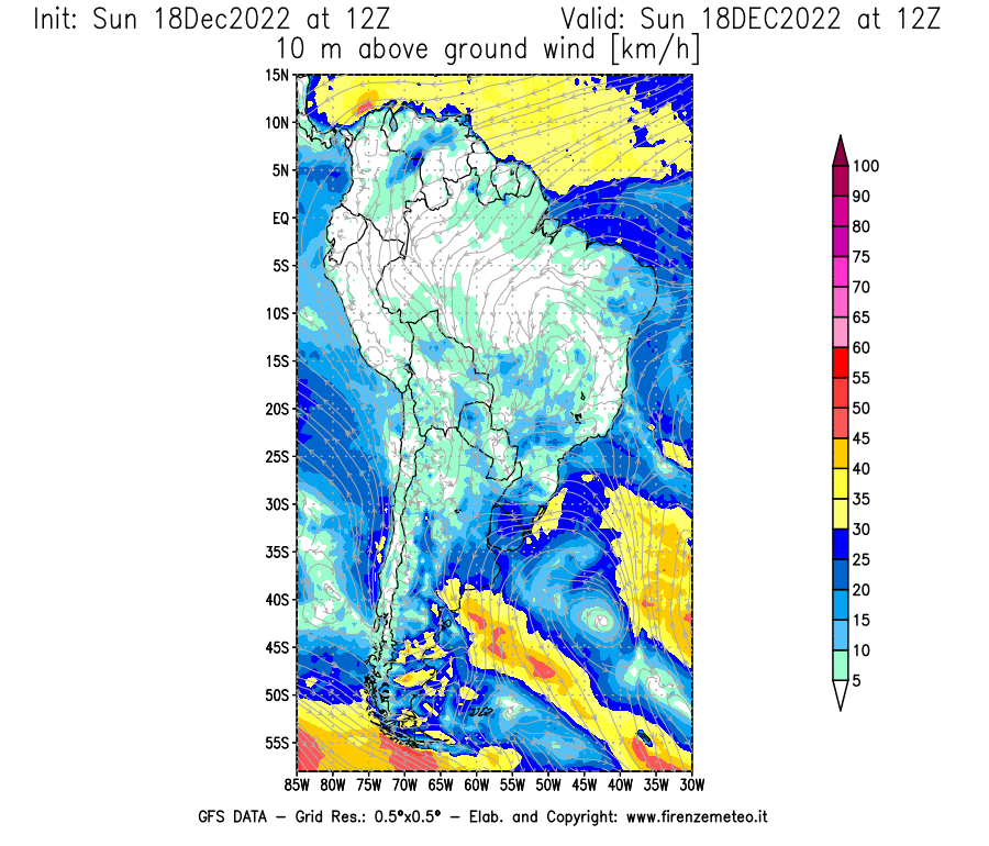 Mappa di analisi GFS - Velocità del vento a 10 metri dal suolo [km/h] in Sud-America
							del 18/12/2022 12 <!--googleoff: index-->UTC<!--googleon: index-->