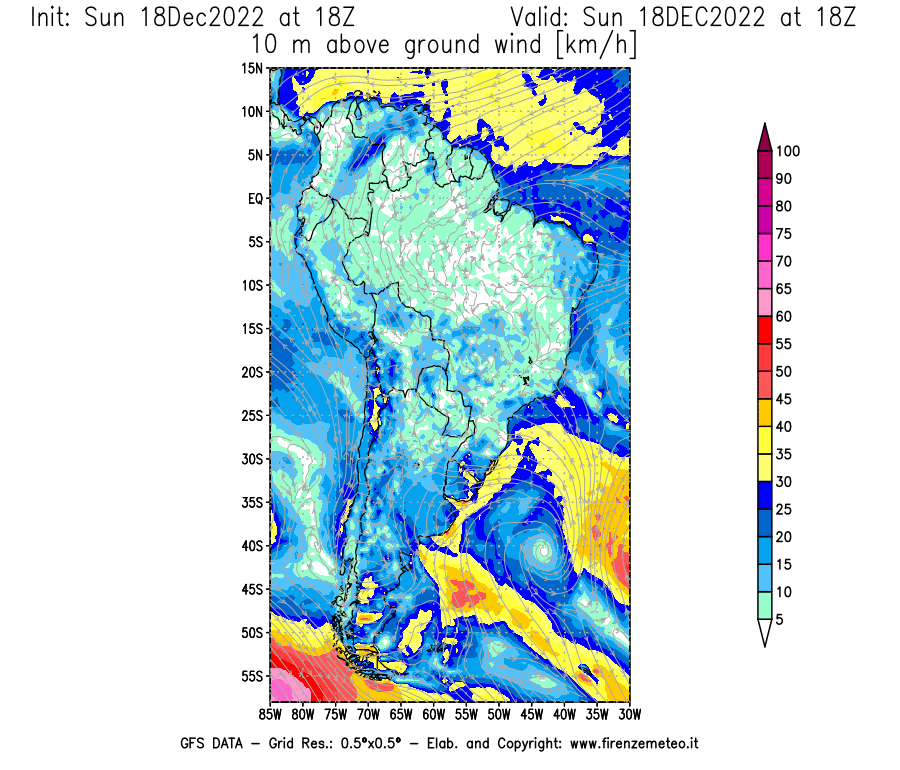 Mappa di analisi GFS - Velocità del vento a 10 metri dal suolo [km/h] in Sud-America
							del 18/12/2022 18 <!--googleoff: index-->UTC<!--googleon: index-->
