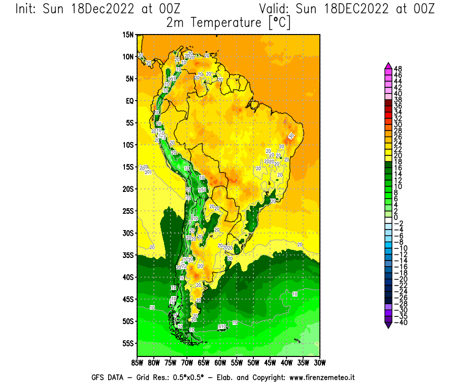 Mappa di analisi GFS - Temperatura a 2 metri dal suolo [°C] in Sud-America
							del 18/12/2022 00 <!--googleoff: index-->UTC<!--googleon: index-->