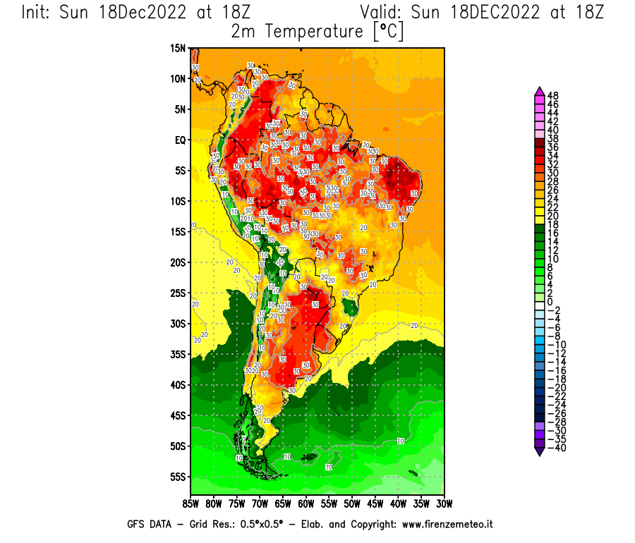Mappa di analisi GFS - Temperatura a 2 metri dal suolo [°C] in Sud-America
							del 18/12/2022 18 <!--googleoff: index-->UTC<!--googleon: index-->