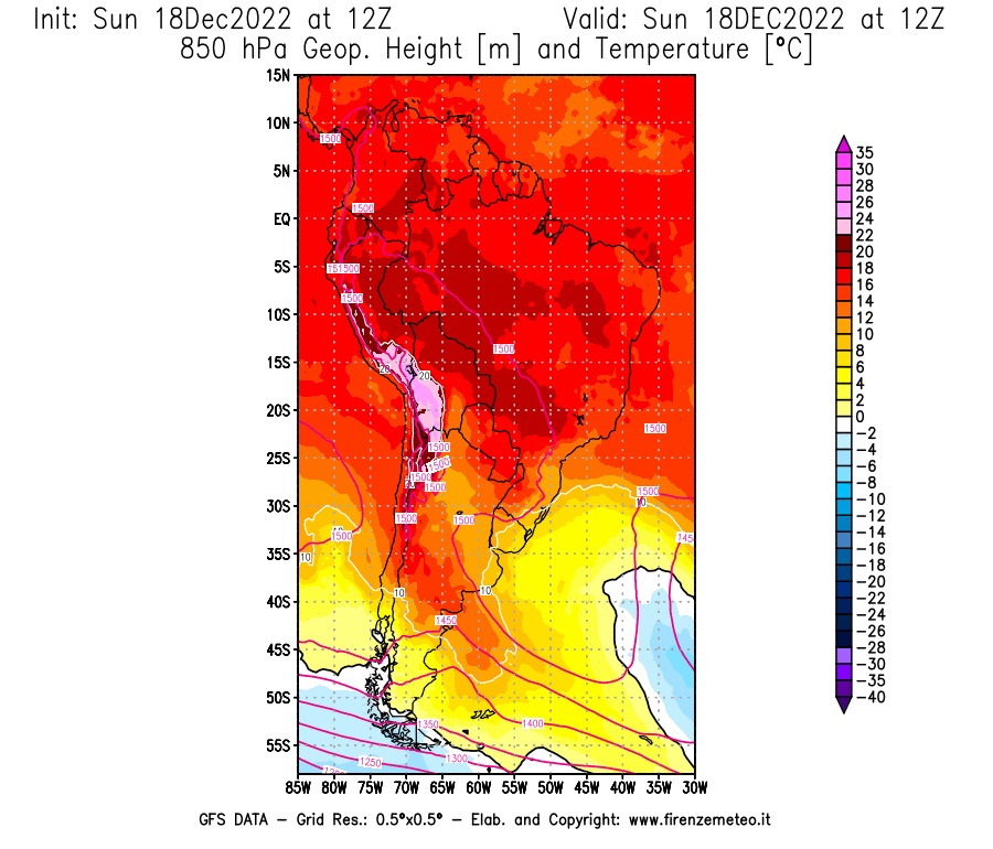 Mappa di analisi GFS - Geopotenziale [m] e Temperatura [°C] a 850 hPa in Sud-America
							del 18/12/2022 12 <!--googleoff: index-->UTC<!--googleon: index-->