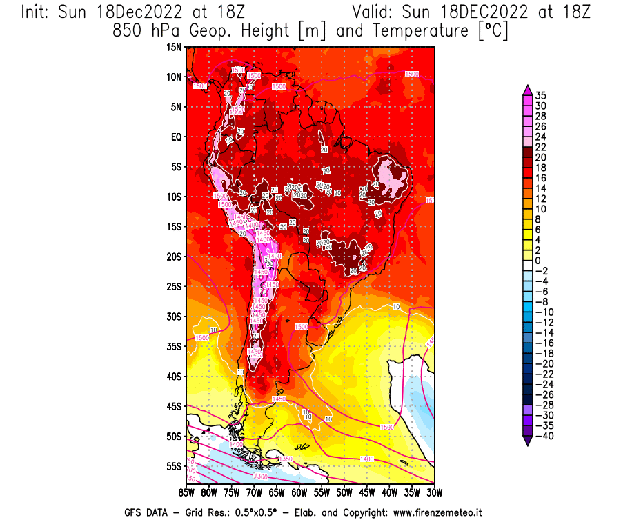 Mappa di analisi GFS - Geopotenziale [m] e Temperatura [°C] a 850 hPa in Sud-America
							del 18/12/2022 18 <!--googleoff: index-->UTC<!--googleon: index-->