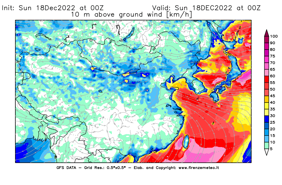 Mappa di analisi GFS - Velocità del vento a 10 metri dal suolo [km/h] in Asia Orientale
							del 18/12/2022 00 <!--googleoff: index-->UTC<!--googleon: index-->