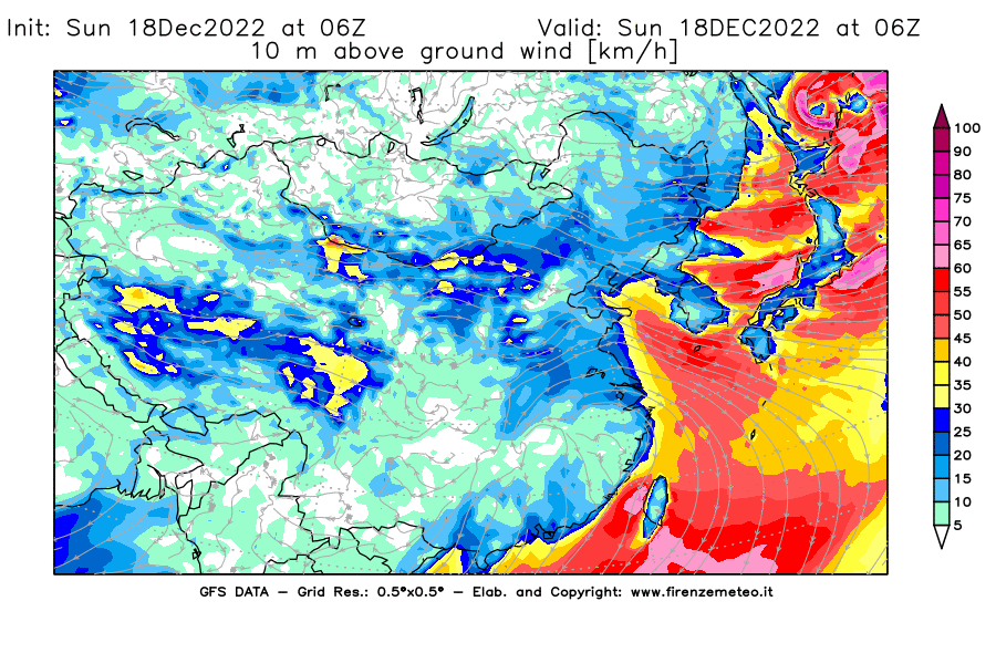 Mappa di analisi GFS - Velocità del vento a 10 metri dal suolo [km/h] in Asia Orientale
							del 18/12/2022 06 <!--googleoff: index-->UTC<!--googleon: index-->