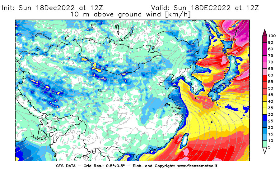 Mappa di analisi GFS - Velocità del vento a 10 metri dal suolo [km/h] in Asia Orientale
							del 18/12/2022 12 <!--googleoff: index-->UTC<!--googleon: index-->