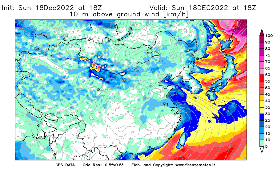 Mappa di analisi GFS - Velocità del vento a 10 metri dal suolo [km/h] in Asia Orientale
							del 18/12/2022 18 <!--googleoff: index-->UTC<!--googleon: index-->