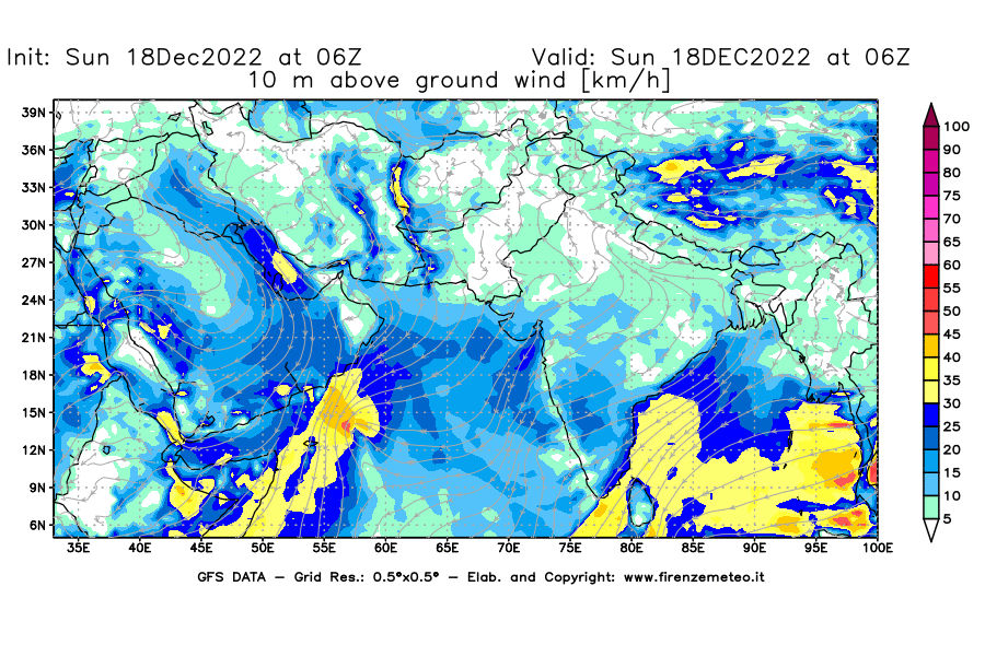 Mappa di analisi GFS - Velocità del vento a 10 metri dal suolo [km/h] in Asia Sud-Occidentale
							del 18/12/2022 06 <!--googleoff: index-->UTC<!--googleon: index-->