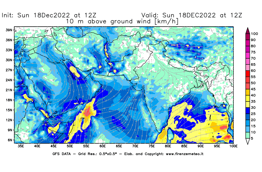 Mappa di analisi GFS - Velocità del vento a 10 metri dal suolo [km/h] in Asia Sud-Occidentale
							del 18/12/2022 12 <!--googleoff: index-->UTC<!--googleon: index-->