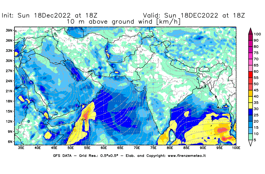 Mappa di analisi GFS - Velocità del vento a 10 metri dal suolo [km/h] in Asia Sud-Occidentale
							del 18/12/2022 18 <!--googleoff: index-->UTC<!--googleon: index-->