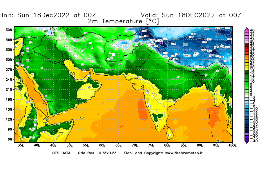 Mappa di analisi GFS - Temperatura a 2 metri dal suolo [°C] in Asia Sud-Occidentale
							del 18/12/2022 00 <!--googleoff: index-->UTC<!--googleon: index-->