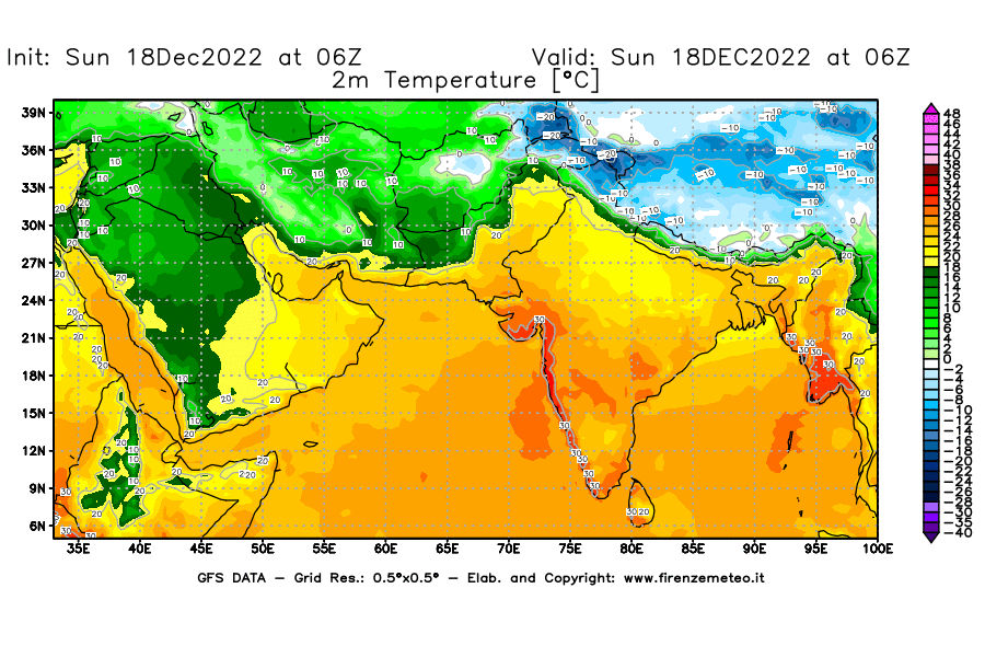 Mappa di analisi GFS - Temperatura a 2 metri dal suolo [°C] in Asia Sud-Occidentale
							del 18/12/2022 06 <!--googleoff: index-->UTC<!--googleon: index-->