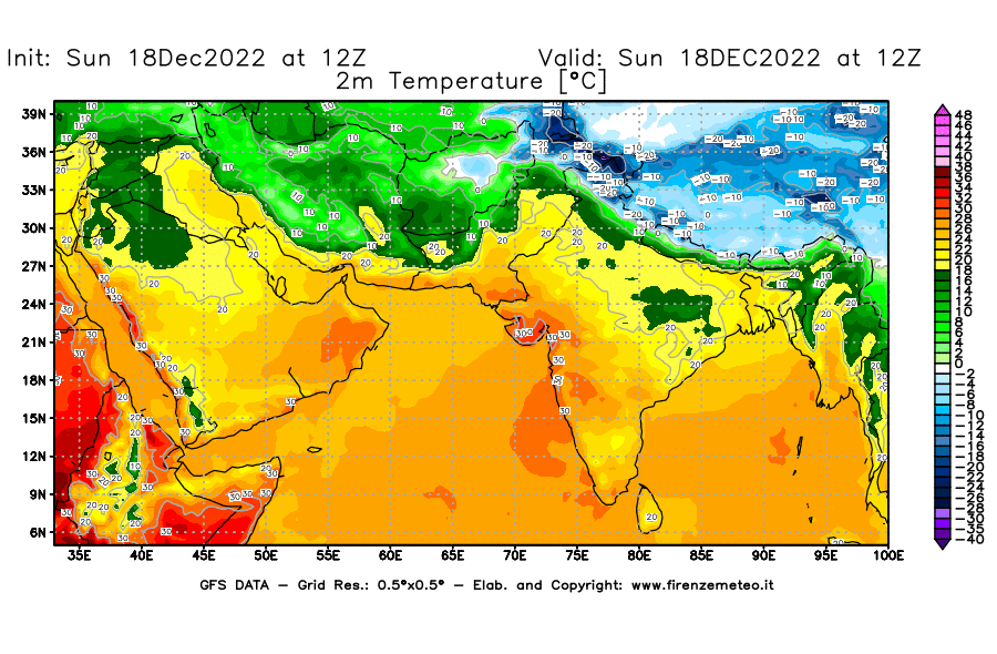 Mappa di analisi GFS - Temperatura a 2 metri dal suolo [°C] in Asia Sud-Occidentale
							del 18/12/2022 12 <!--googleoff: index-->UTC<!--googleon: index-->