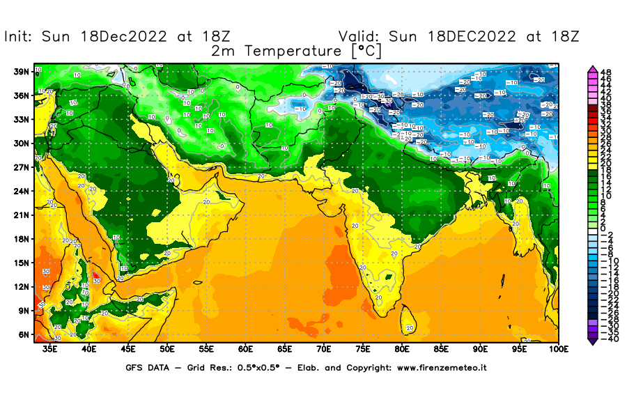Mappa di analisi GFS - Temperatura a 2 metri dal suolo [°C] in Asia Sud-Occidentale
							del 18/12/2022 18 <!--googleoff: index-->UTC<!--googleon: index-->