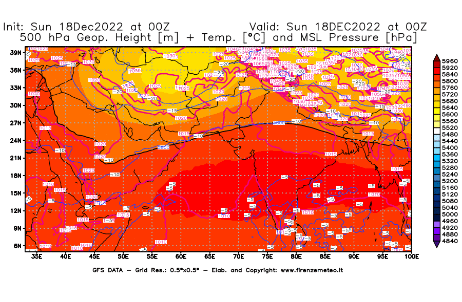 Mappa di analisi GFS - Geopotenziale [m] + Temp. [°C] a 500 hPa + Press. a livello del mare [hPa] in Asia Sud-Occidentale
							del 18/12/2022 00 <!--googleoff: index-->UTC<!--googleon: index-->