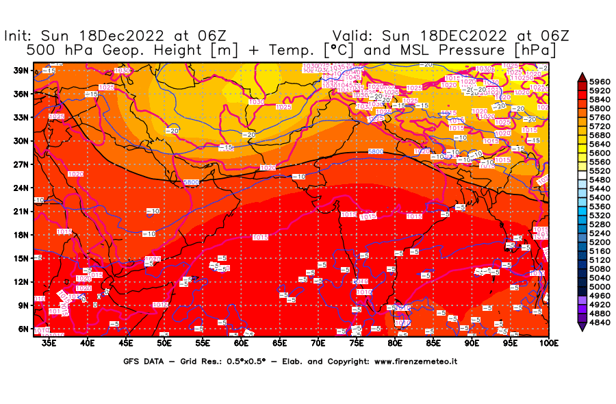 Mappa di analisi GFS - Geopotenziale [m] + Temp. [°C] a 500 hPa + Press. a livello del mare [hPa] in Asia Sud-Occidentale
							del 18/12/2022 06 <!--googleoff: index-->UTC<!--googleon: index-->