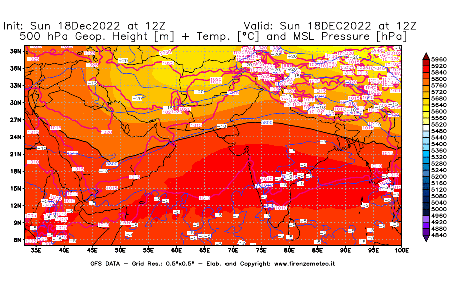 Mappa di analisi GFS - Geopotenziale [m] + Temp. [°C] a 500 hPa + Press. a livello del mare [hPa] in Asia Sud-Occidentale
							del 18/12/2022 12 <!--googleoff: index-->UTC<!--googleon: index-->