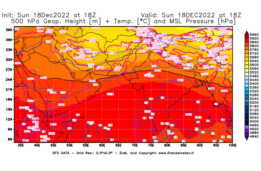 Mappa di analisi GFS - Geopotenziale [m] + Temp. [°C] a 500 hPa + Press. a livello del mare [hPa] in Asia Sud-Occidentale
							del 18/12/2022 18 <!--googleoff: index-->UTC<!--googleon: index-->