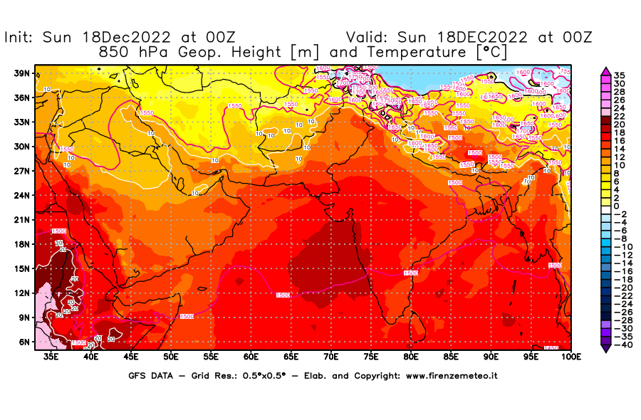 Mappa di analisi GFS - Geopotenziale [m] e Temperatura [°C] a 850 hPa in Asia Sud-Occidentale
							del 18/12/2022 00 <!--googleoff: index-->UTC<!--googleon: index-->