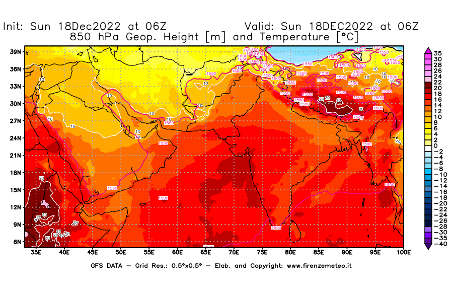 Mappa di analisi GFS - Geopotenziale [m] e Temperatura [°C] a 850 hPa in Asia Sud-Occidentale
							del 18/12/2022 06 <!--googleoff: index-->UTC<!--googleon: index-->