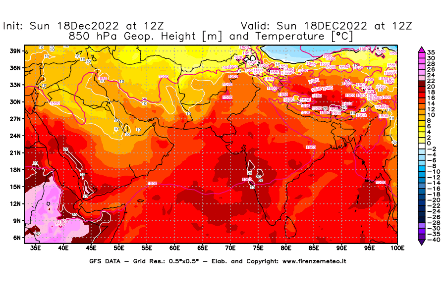 Mappa di analisi GFS - Geopotenziale [m] e Temperatura [°C] a 850 hPa in Asia Sud-Occidentale
							del 18/12/2022 12 <!--googleoff: index-->UTC<!--googleon: index-->