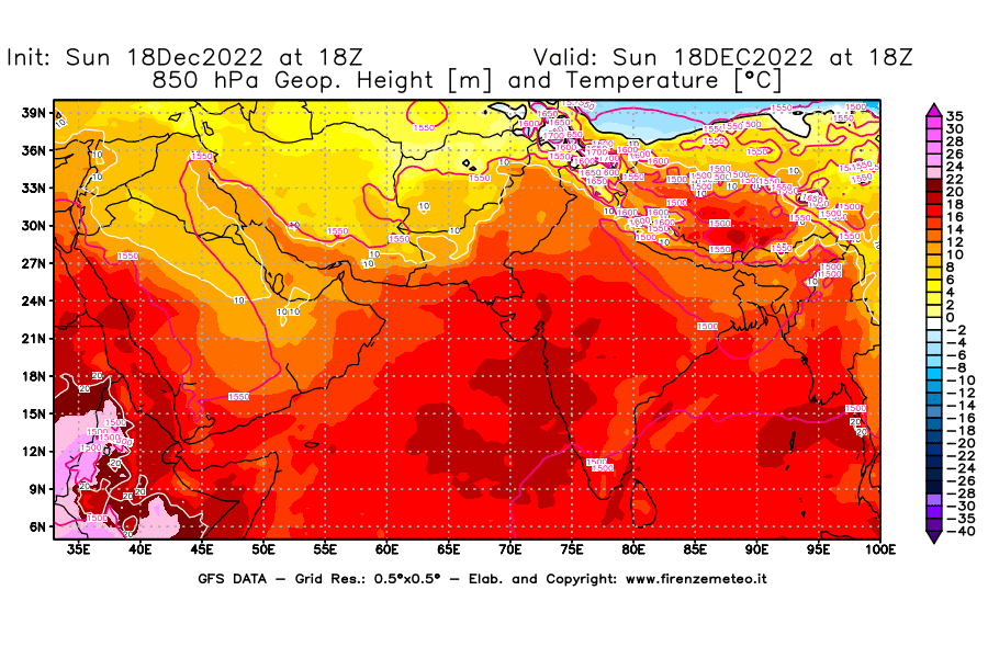 Mappa di analisi GFS - Geopotenziale [m] e Temperatura [°C] a 850 hPa in Asia Sud-Occidentale
							del 18/12/2022 18 <!--googleoff: index-->UTC<!--googleon: index-->