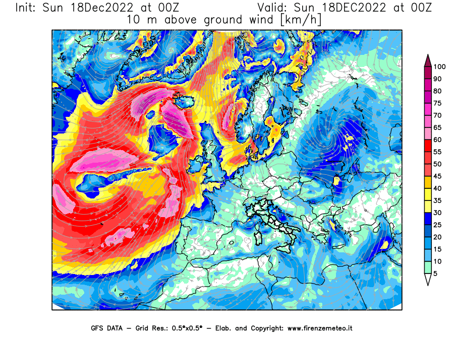 Mappa di analisi GFS - Velocità del vento a 10 metri dal suolo [km/h] in Europa
							del 18/12/2022 00 <!--googleoff: index-->UTC<!--googleon: index-->