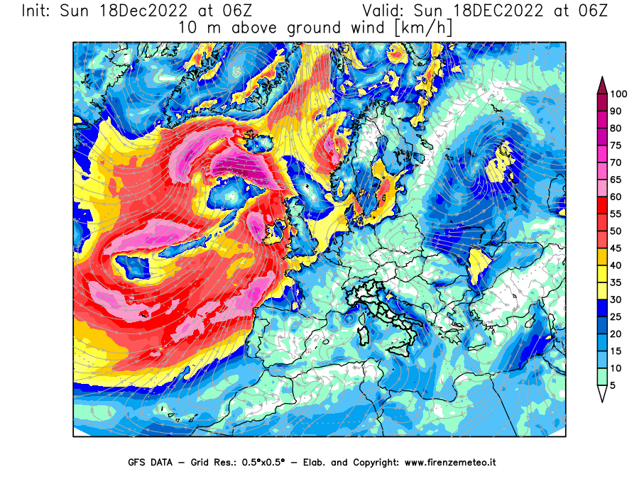Mappa di analisi GFS - Velocità del vento a 10 metri dal suolo [km/h] in Europa
							del 18/12/2022 06 <!--googleoff: index-->UTC<!--googleon: index-->