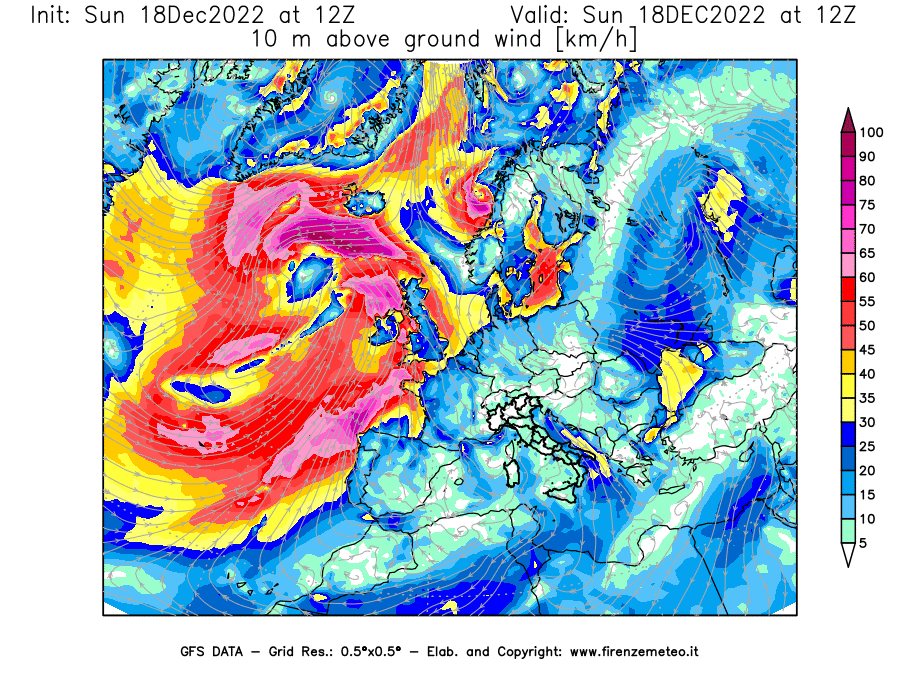 Mappa di analisi GFS - Velocità del vento a 10 metri dal suolo [km/h] in Europa
							del 18/12/2022 12 <!--googleoff: index-->UTC<!--googleon: index-->