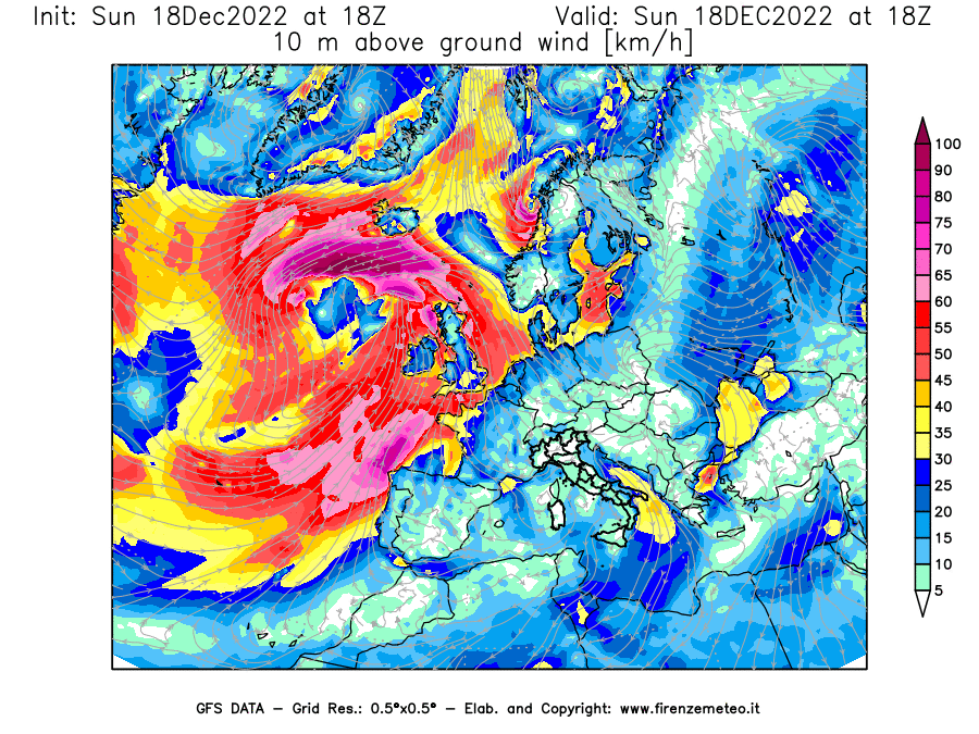 Mappa di analisi GFS - Velocità del vento a 10 metri dal suolo [km/h] in Europa
							del 18/12/2022 18 <!--googleoff: index-->UTC<!--googleon: index-->